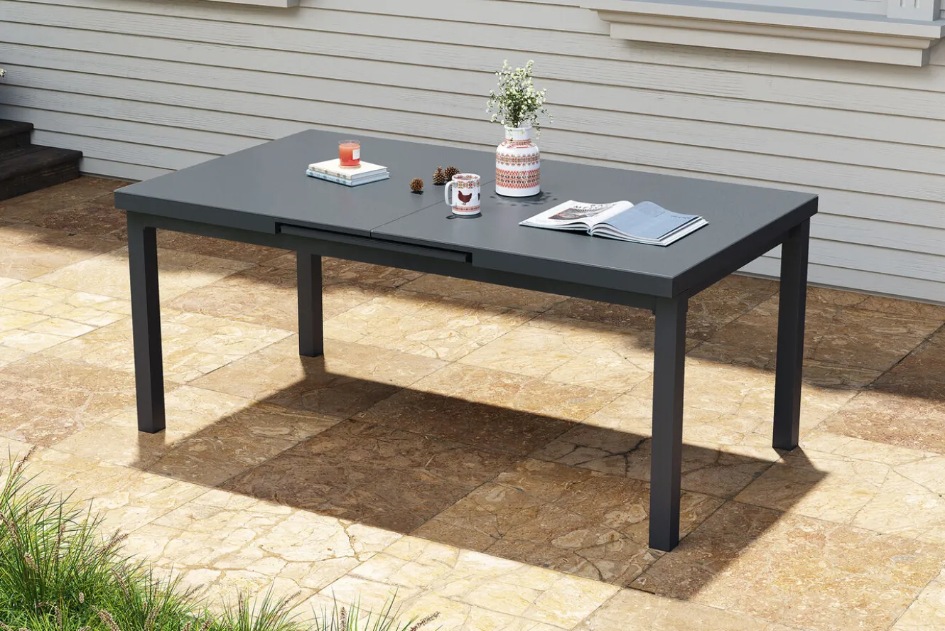 OUTFLEXX Korba Garten-Essgruppe mit 4 Sesseln, anthrazit matt, Alu/Teak, ausziehbarer Tisch 180/240 x 100 cm, inkl. Polster
