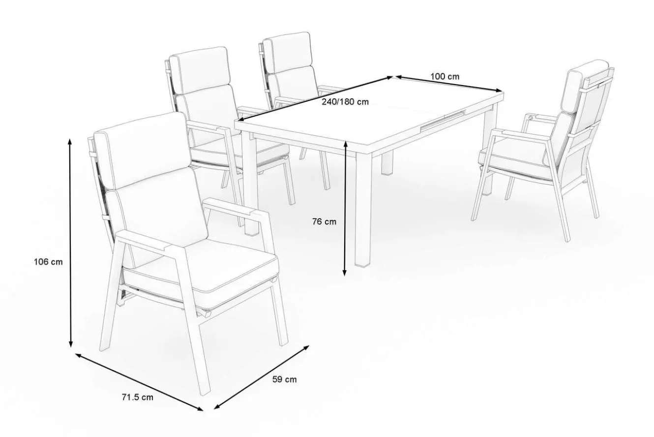 OUTFLEXX Korba Garten-Essgruppe mit 4 Sesseln, anthrazit matt, Alu/Teak, ausziehbarer Tisch 180/240 x 100 cm, inkl. Polster