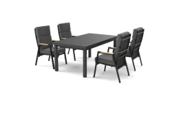 OUTFLEXX Korba Garten-Essgruppe mit 4 Sesseln, anthrazit matt, Alu/Teak, ausziehbarer Tisch 180/240 x 100 cm, inkl. Polster