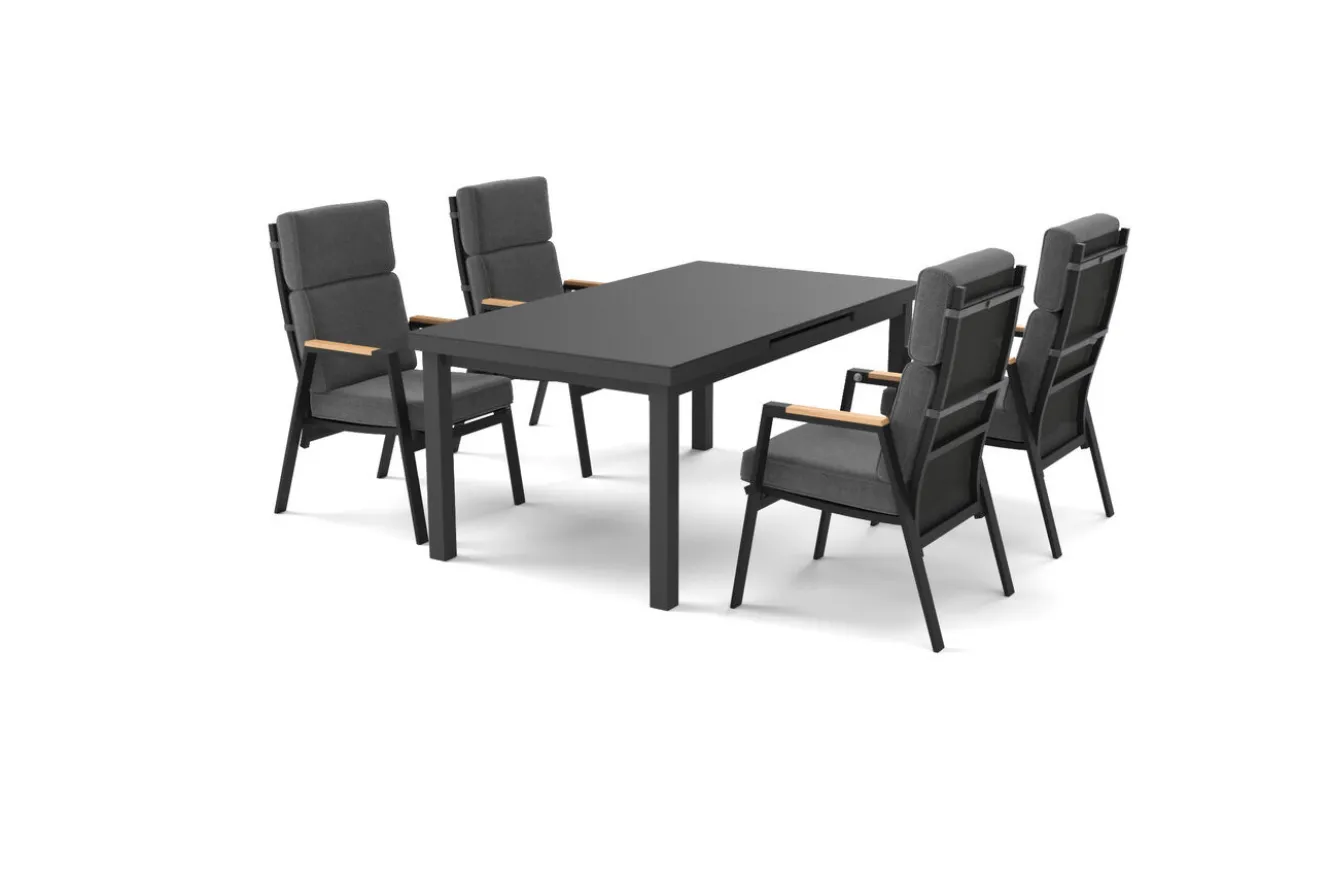 OUTFLEXX Korba Garten-Essgruppe mit 4 Sesseln, anthrazit matt, Alu/Teak, ausziehbarer Tisch 180/240 x 100 cm, inkl. Polster