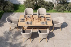 OUTFLEXX Kota Garten-Essgruppe, grau/natur, Akazie/Polyrattan/Alu, Ausziehbar, 180/240 x 100 cm Tisch, 6 Sessel, FSC®-zertifiziertes Produkt