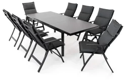 OUTFLEXX Lagos Garten-Essgruppe, anthrazit/grau, Alu/Textilene, Tisch 180/240 x 100 cm, 8 Klappstühle, inkl. Auflagen
