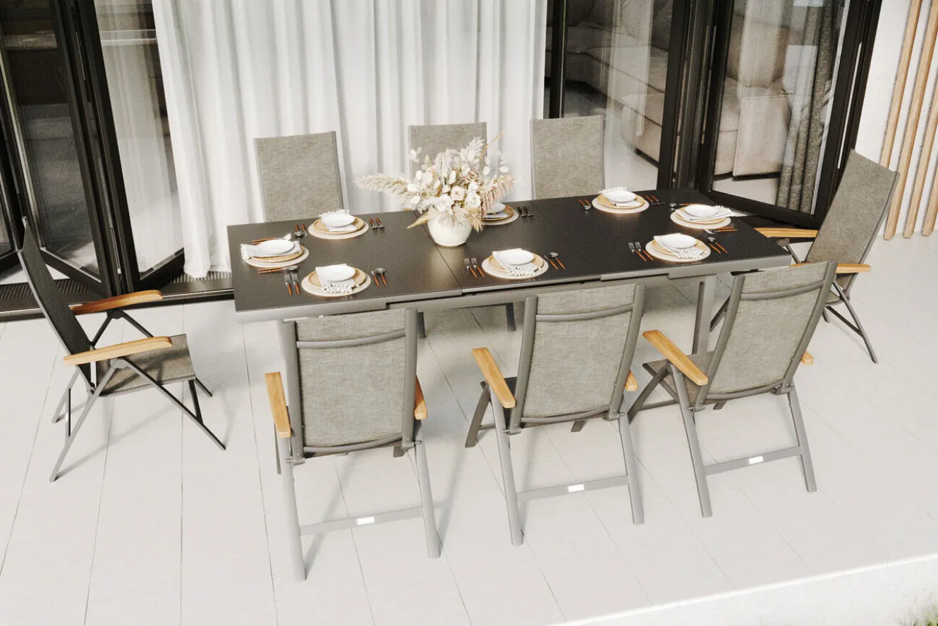 OUTFLEXX Lagos Garten-Essgruppe, anthrazit/grau, Alu/Eukalyptus/Textilene, Tisch 180/240 x 100 cm, 8 Klappstühle, FSC®-zertifiziertes Produkt