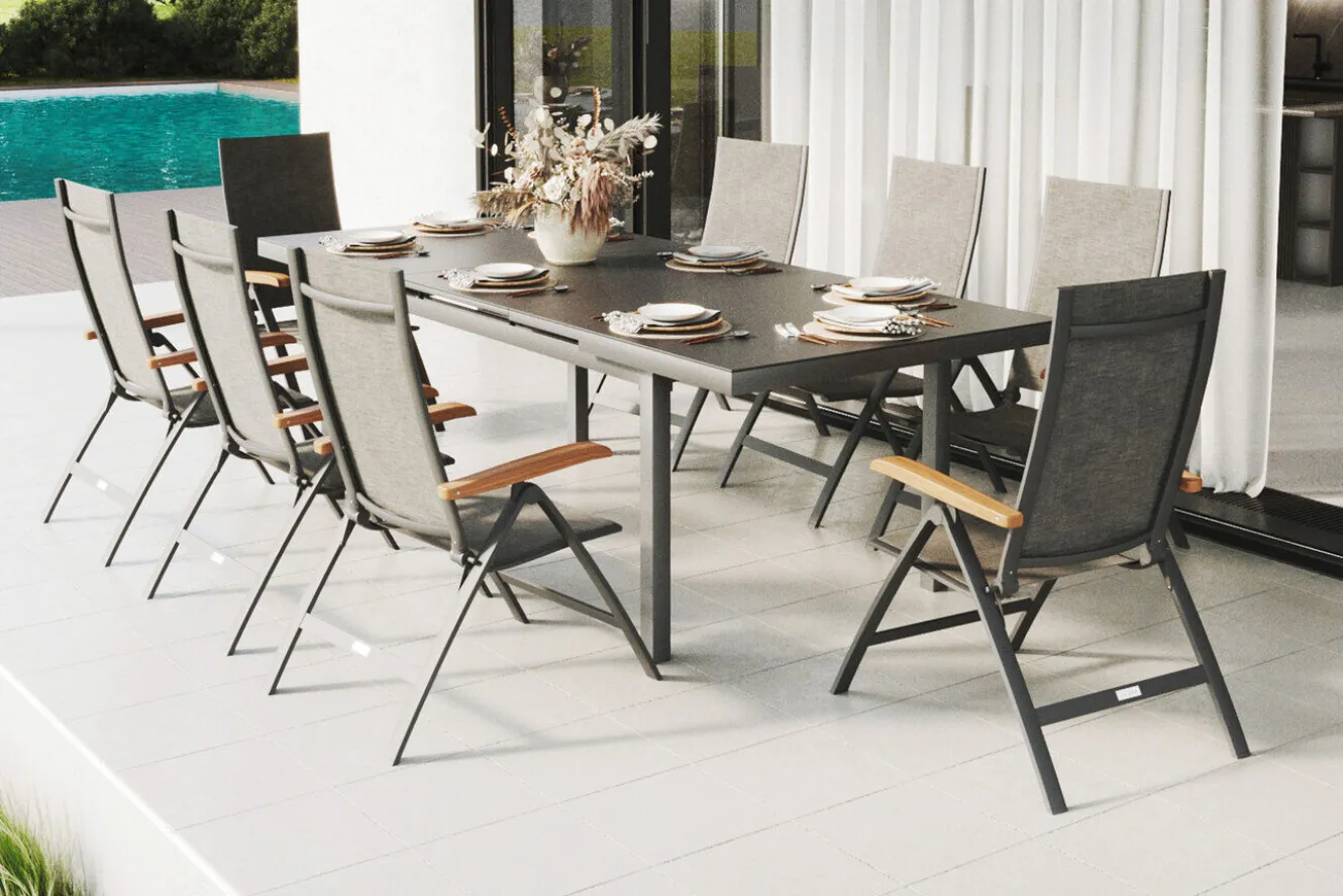 OUTFLEXX Lagos Garten-Essgruppe, anthrazit/grau, Alu/Eukalyptus/Textilene, Tisch 180/240 x 100 cm, 8 Klappstühle, FSC®-zertifiziertes Produkt