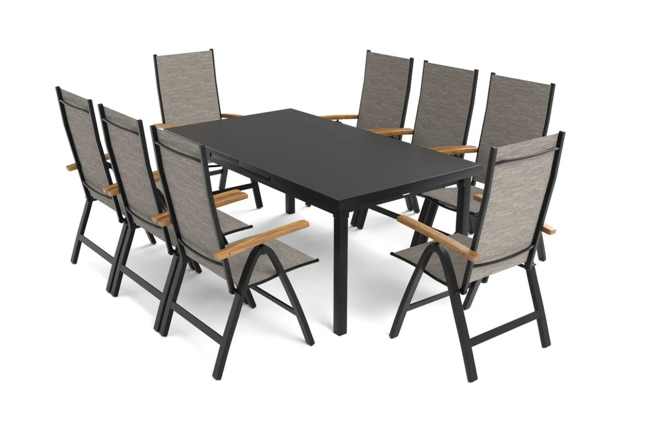 OUTFLEXX Lagos Garten-Essgruppe, anthrazit/grau, Alu/Eukalyptus/Textilene, Tisch 180/240 x 100 cm, 8 Klappstühle, FSC®-zertifiziertes Produkt