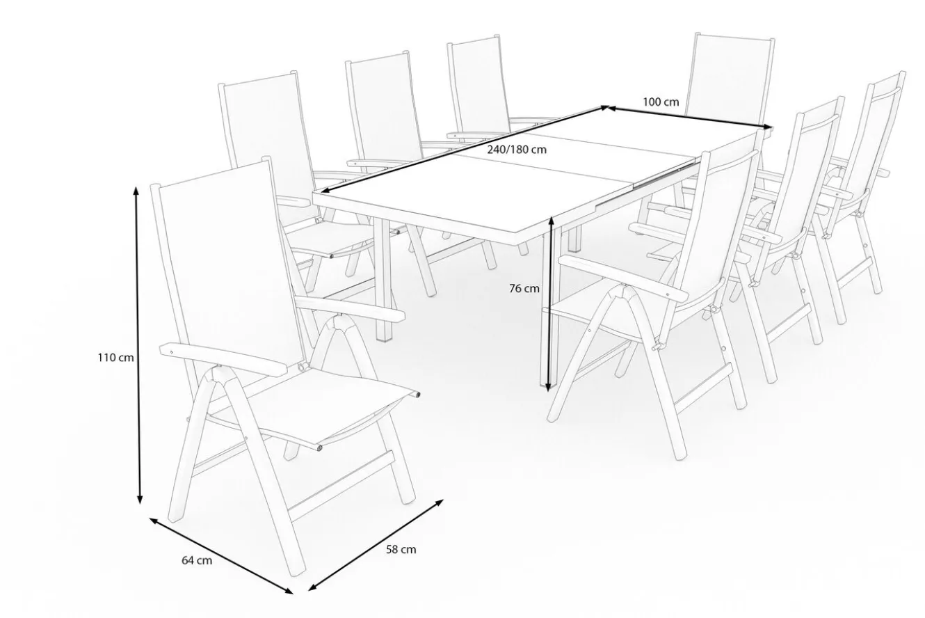 OUTFLEXX Lagos Garten-Essgruppe, anthrazit/grau, Alu/Eukalyptus/Textilene, Tisch 180/240 x 100 cm, 8 Klappstühle, FSC®-zertifiziertes Produkt