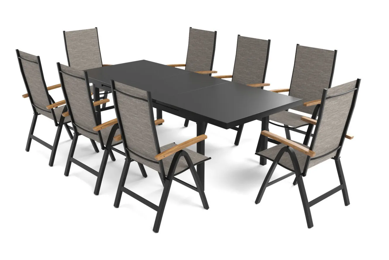 OUTFLEXX Lagos Garten-Essgruppe, anthrazit/grau, Alu/Eukalyptus/Textilene, Tisch 180/240 x 100 cm, 8 Klappstühle, FSC®-zertifiziertes Produkt