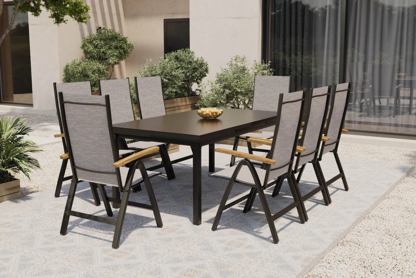 OUTFLEXX Lagos Garten-Essgruppe, anthrazit/grau, Alu/Eukalyptus/Textilene, Tisch 180/240 x 100 cm, 8 Klappstühle, FSC®-zertifiziertes Produkt