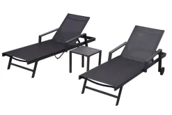 OUTFLEXX Liegen-Set, anthrazit/nature, Aluminium/Textilene/Polyester, Tisch 40 x 40 cm, 2 Auflagen, Rückenlehne verstellbar, rollbar