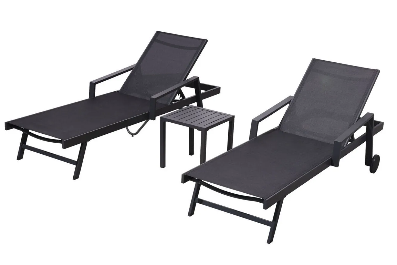 OUTFLEXX Liegen-Set, anthrazit/nature, Aluminium/Textilene/Polyester, Tisch 40 x 40 cm, 2 Auflagen, Rückenlehne verstellbar, rollbar