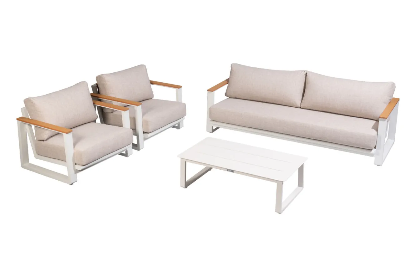 OUTFLEXX Loungegarnitur, 4-teilig, beige/weiß, Alu/Holzimitat, Tisch 110 x 60 cm, inkl. Kissen mit Reißverschluss