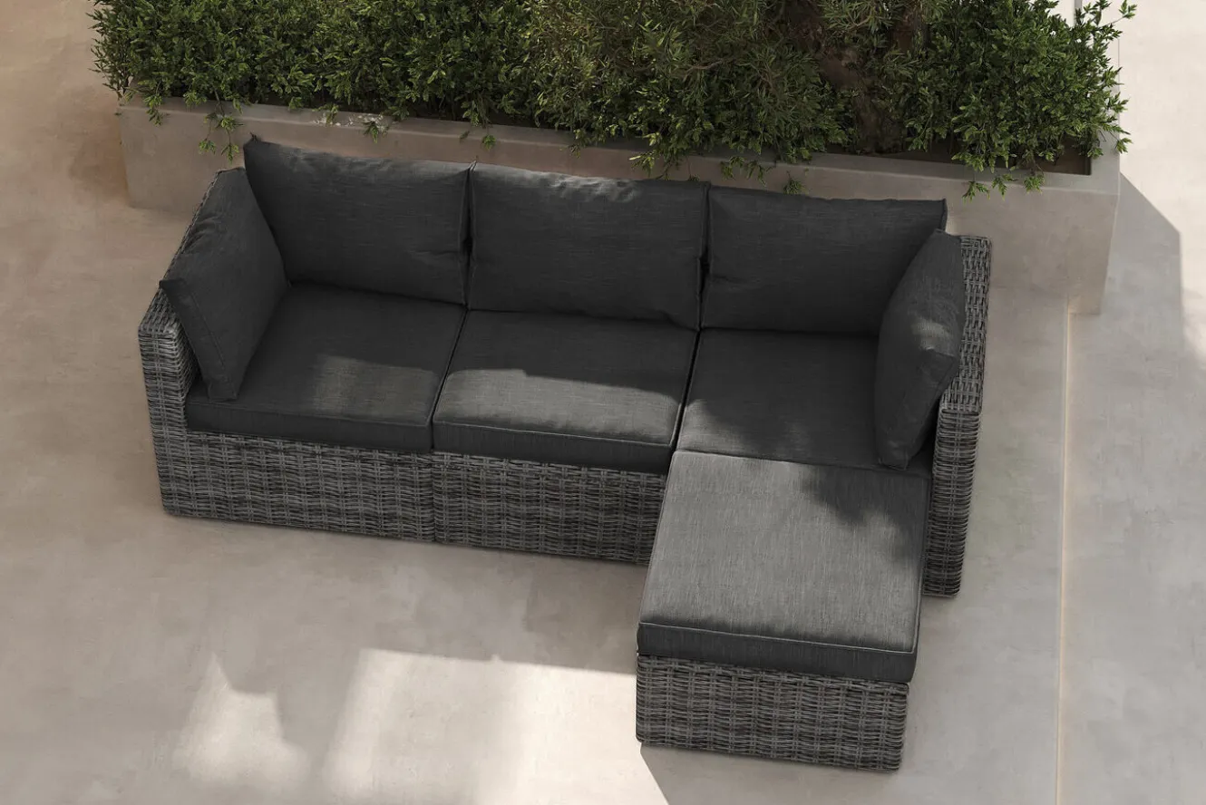 OUTFLEXX Loungegruppe, grau, Polyrattan, 4 Personen, verstellbare Sitzflächen, wasserfeste Kissenbox