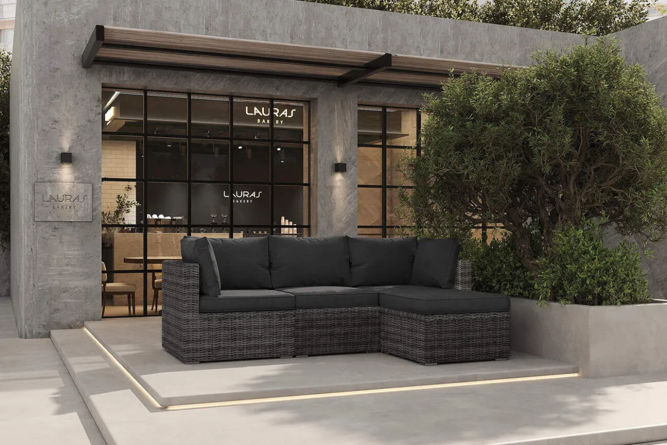 OUTFLEXX Loungegruppe, grau, Polyrattan, 4 Personen, verstellbare Sitzflächen, wasserfeste Kissenbox