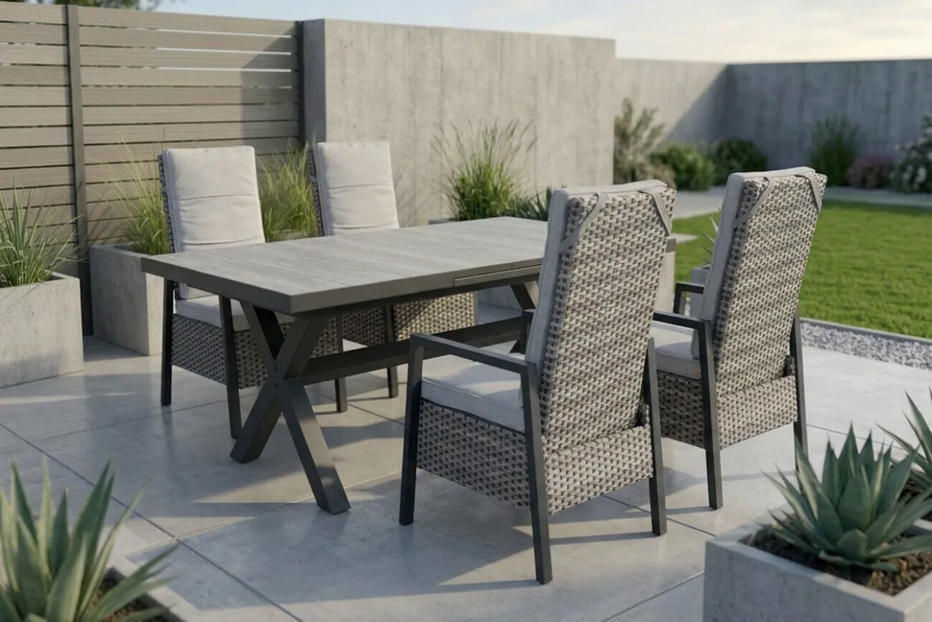 OUTFLEXX Louvra Select Garten-Essgruppe, natur/anthrazit, Polyrattan/Alu, 4 Sessel, Tisch 160/210 x 100 cm