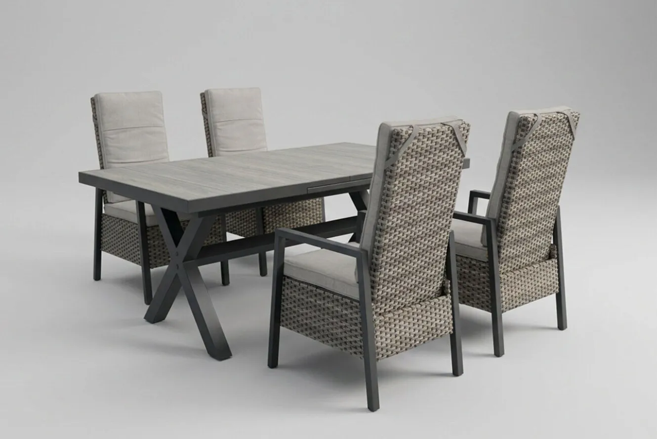 OUTFLEXX Louvra Select Garten-Essgruppe, natur/anthrazit, Polyrattan/Alu, 4 Sessel, Tisch 160/210 x 100 cm