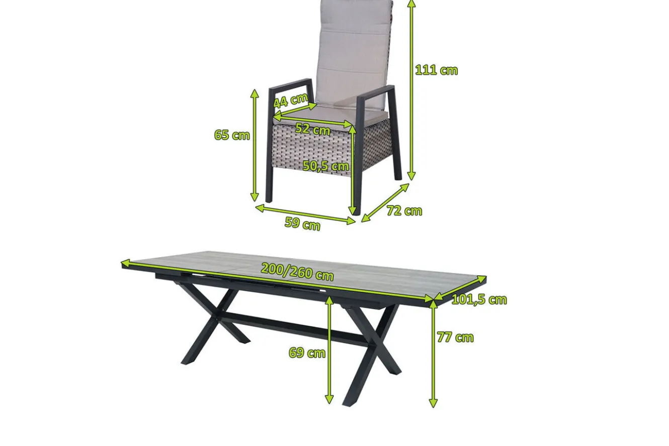 OUTFLEXX Louvra Select Garten-Essgruppe, natur/anthrazit, Polyrattan/Alu, Tisch 200/260 x 100 cm, 6 Sessel