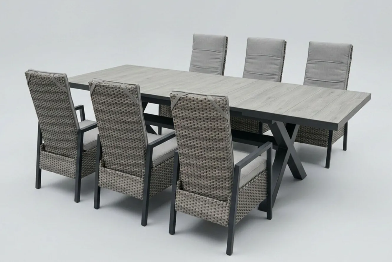 OUTFLEXX Louvra Select Garten-Essgruppe, natur/anthrazit, Polyrattan/Alu, Tisch 200/260 x 100 cm, 6 Sessel