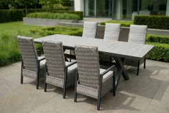 OUTFLEXX Louvra Select Garten-Essgruppe, natur/anthrazit, Polyrattan/Alu, Tisch 200/260 x 100 cm, 6 Sessel