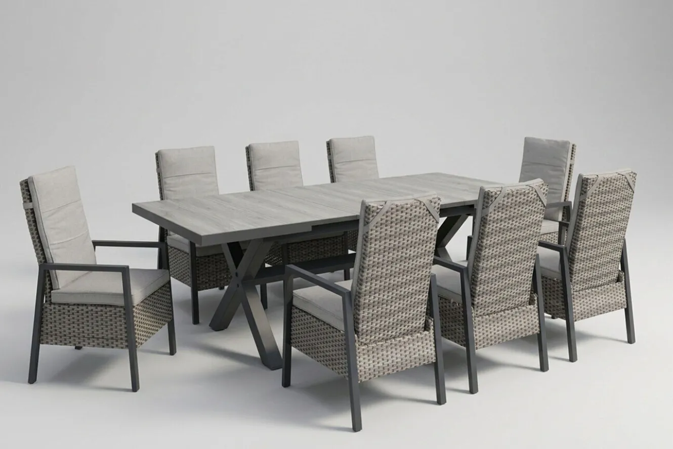 OUTFLEXX Louvra Select Garten-Essgruppe, natur/anthrazit, Polyrattan/Alu, Tisch 200/260 x 100 cm, 8 Sessel