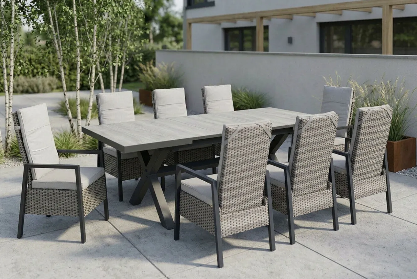 OUTFLEXX Louvra Select Garten-Essgruppe, natur/anthrazit, Polyrattan/Alu, Tisch 200/260 x 100 cm, 8 Sessel