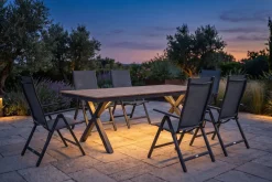 OUTFLEXX Luminara Garten-Essgruppe, anthrazit matt/natur, Alu / Holzimitat, 240 x 100 cm, 6 Klappstühle, Tischplatte mit LED-Beleuchtung