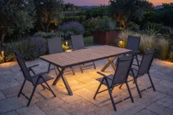 OUTFLEXX Luminara Garten-Essgruppe, anthrazit matt/natur, Alu / Holzimitat, 240 x 100 cm, 6 Klappstühle, Tischplatte mit LED-Beleuchtung