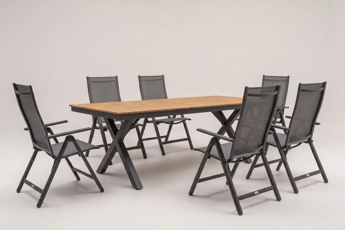 OUTFLEXX Luminara Garten-Essgruppe, anthrazit matt/natur, Alu / Holzimitat, 240 x 100 cm, 6 Klappstühle, Tischplatte mit LED-Beleuchtung