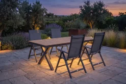 OUTFLEXX Luminara Garten-Essgruppe mit LED-Beleuchtung, anthrazit matt/natur, Aluminium / Holzimitat, 240 x 100 cm, 4 Klappstühle