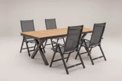 OUTFLEXX Luminara Garten-Essgruppe mit LED-Beleuchtung, anthrazit matt/natur, Aluminium / Holzimitat, 240 x 100 cm, 4 Klappstühle