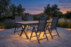 OUTFLEXX Luminara Garten-Essgruppe mit LED-Beleuchtung, anthrazit matt/natur, Aluminium / Holzimitat, 240 x 100 cm, 4 Klappstühle