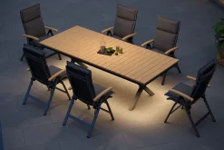 OUTFLEXX Luminara Garten-Essgruppe mit LED-Beleuchtung, anthrazit matt/natur, Alu/Textilene, Tisch 240 x 100 cm, inkl. 6 Klappstühle
