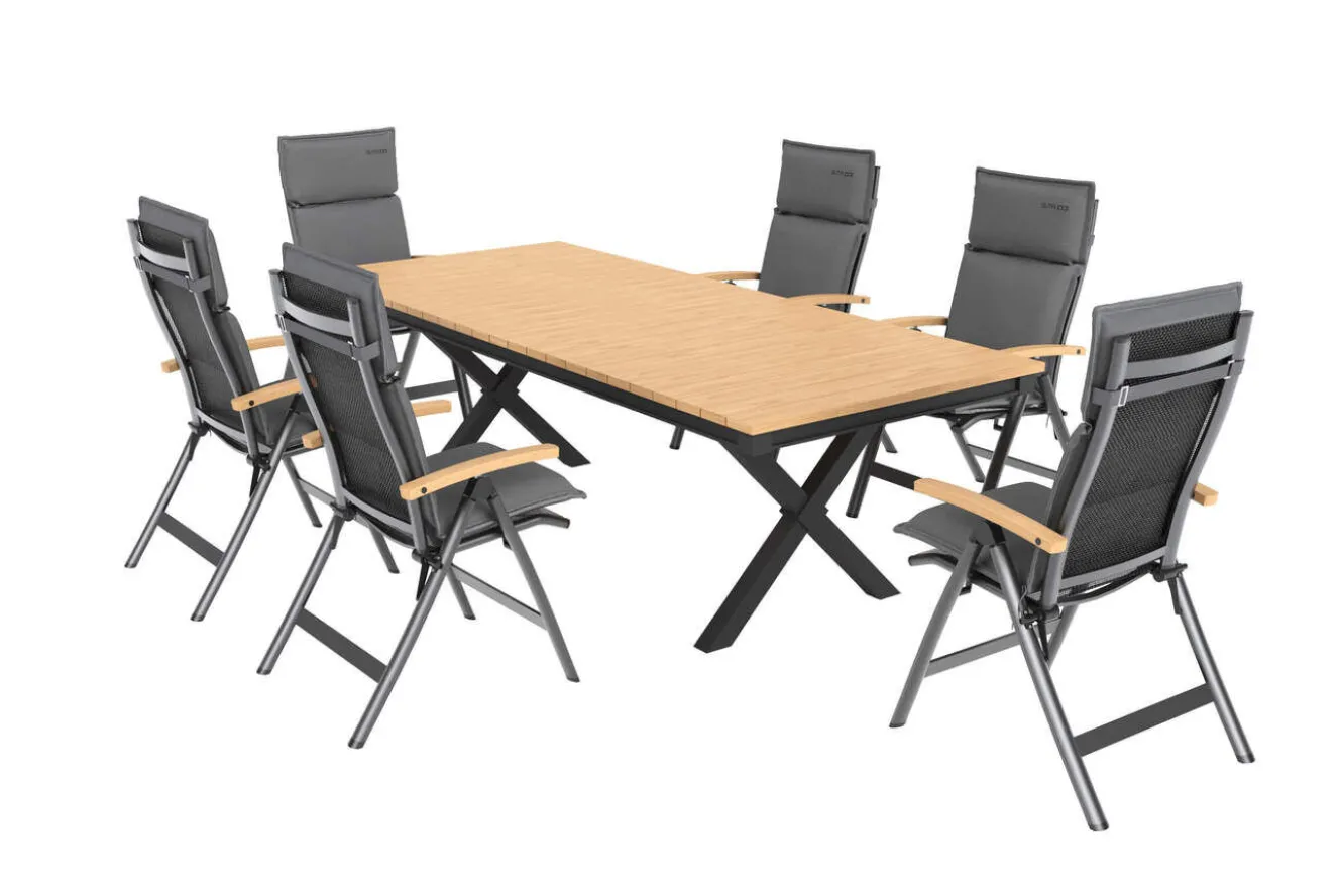 OUTFLEXX Luminara Garten-Essgruppe mit LED-Beleuchtung, anthrazit matt/natur, Alu/Textilene, Tisch 240 x 100 cm, inkl. 6 Klappstühle