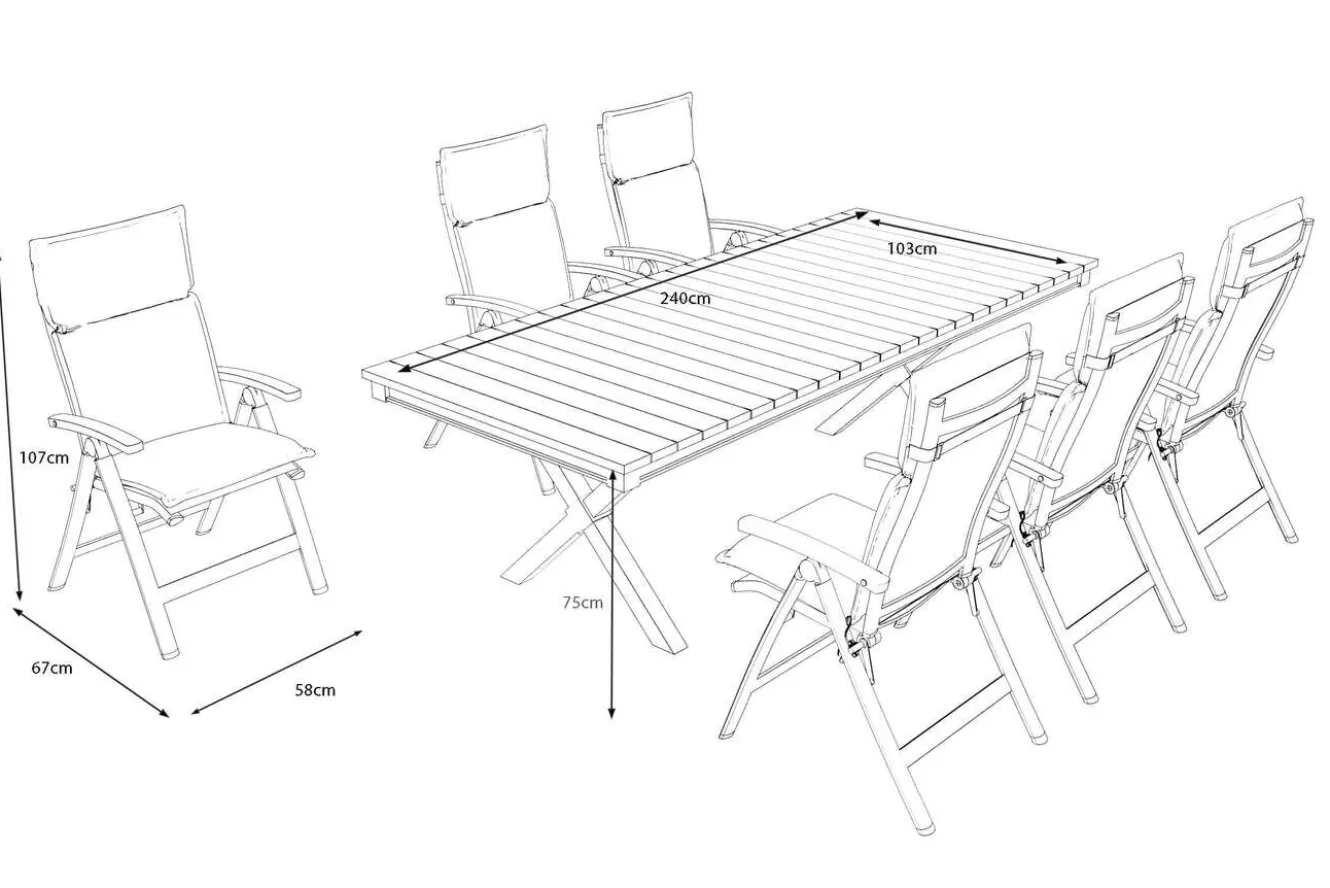 OUTFLEXX Luminara Garten-Essgruppe mit LED-Beleuchtung, anthrazit matt/natur, Alu/Textilene, Tisch 240 x 100 cm, inkl. 6 Klappstühle