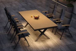 OUTFLEXX Luminara Garten-Essgruppe mit LED-Beleuchtung, anthrazit matt/natur, Alu/Textilene, Tisch 240 x 100 cm, inkl. 6 Klappstühle