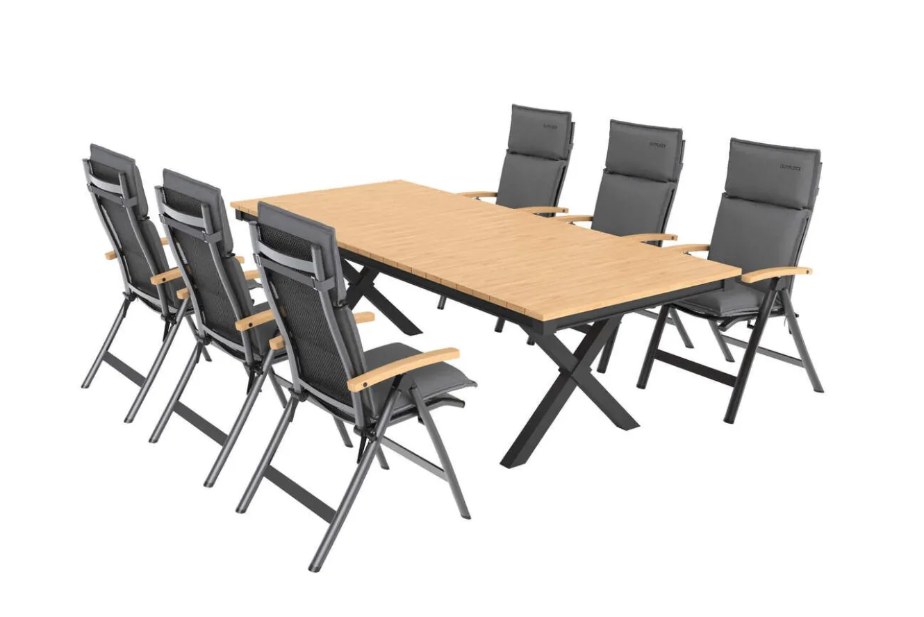 OUTFLEXX Luminara Garten-Essgruppe mit LED-Beleuchtung, anthrazit matt/natur, Alu/Textilene, Tisch 240 x 100 cm, inkl. 6 Klappstühle