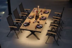 OUTFLEXX Luminara Garten-Essgruppe mit LED-Beleuchtung, anthrazit matt/natur, Aluminium/Textilen/Holzimitat, 240 x 100 cm, 6 Klappstühle