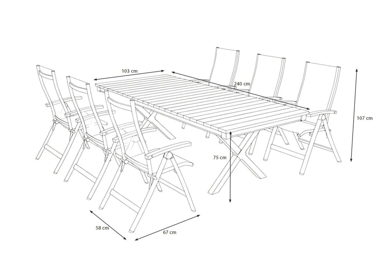 OUTFLEXX Luminara Garten-Essgruppe mit LED-Beleuchtung, anthrazit matt/natur, Aluminium/Textilen/Holzimitat, 240 x 100 cm, 6 Klappstühle