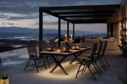 OUTFLEXX Luminara Garten-Essgruppe mit LED-Beleuchtung, anthrazit matt/natur, Aluminium/Textilen/Holzimitat, 240 x 100 cm, 6 Klappstühle
