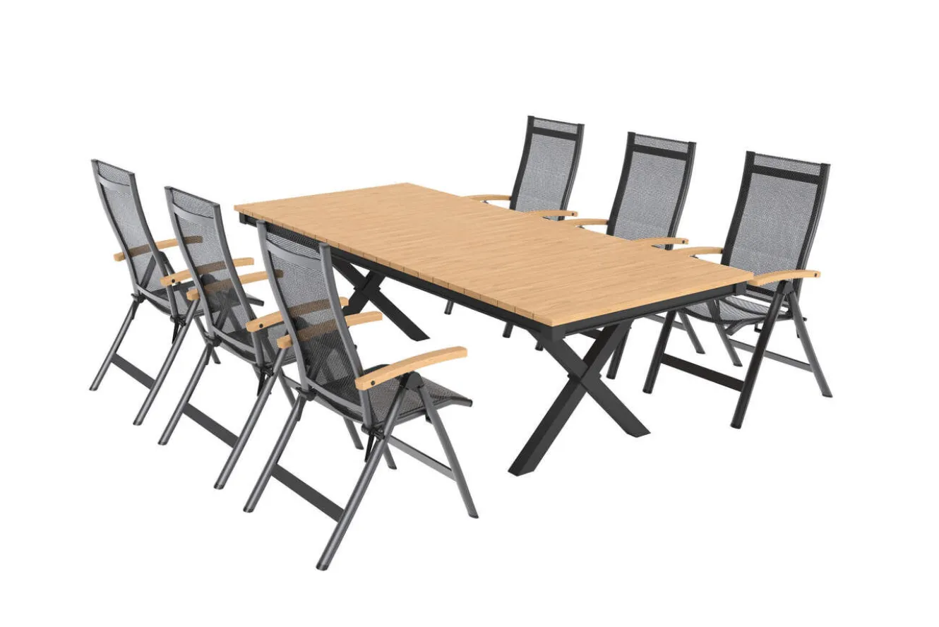 OUTFLEXX Luminara Garten-Essgruppe mit LED-Beleuchtung, anthrazit matt/natur, Aluminium/Textilen/Holzimitat, 240 x 100 cm, 6 Klappstühle