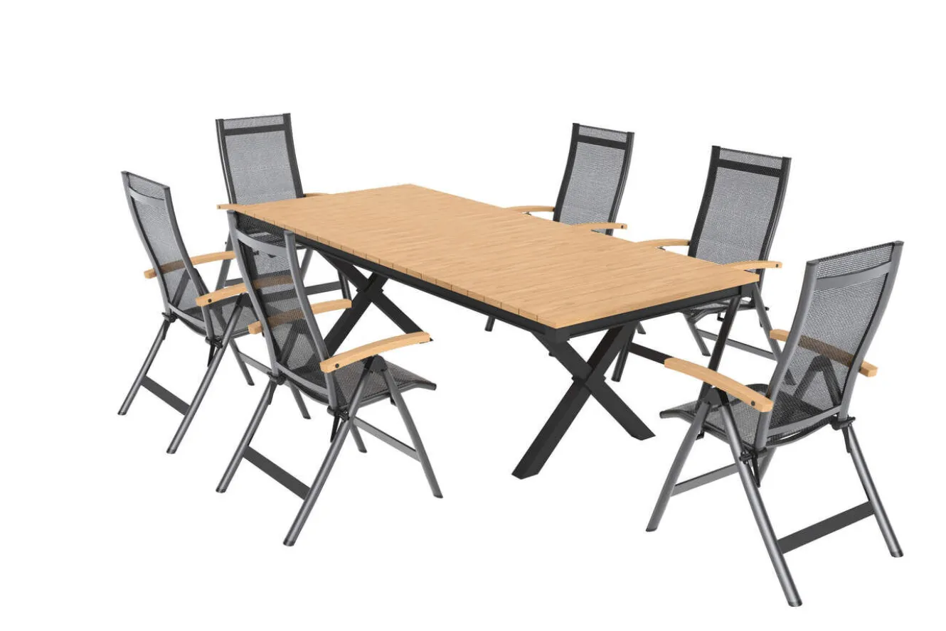 OUTFLEXX Luminara Garten-Essgruppe mit LED-Beleuchtung, anthrazit matt/natur, Aluminium/Textilen/Holzimitat, 240 x 100 cm, 6 Klappstühle