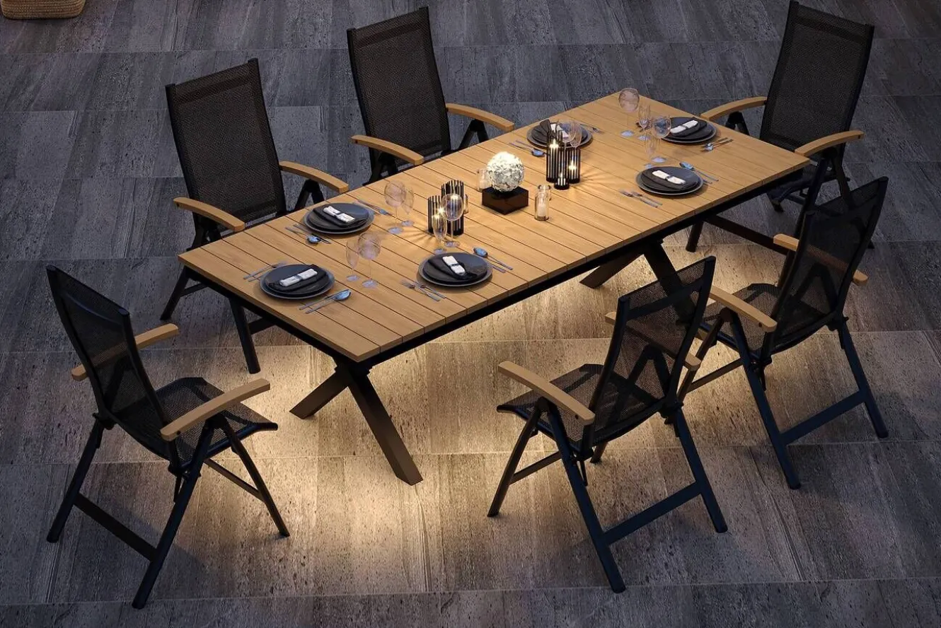 OUTFLEXX Luminara Garten-Essgruppe mit LED-Beleuchtung, anthrazit matt/natur, Aluminium/Textilen/Holzimitat, 240 x 100 cm, 6 Klappstühle