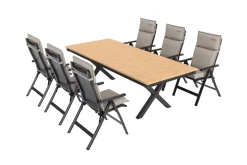 OUTFLEXX Luminara Garten-Essgruppe, anthrazit matt/natur, Alu / Textilen / Holzimitat, 240 x 100 cm, 6 Klappstühle, inkl. Auflagen, LED-Beleuchtung