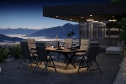 OUTFLEXX Luminara Garten-Essgruppe, anthrazit matt/natur, Alu / Textilen / Holzimitat, 240 x 100 cm, 6 Klappstühle, inkl. Auflagen, LED-Beleuchtung
