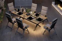 OUTFLEXX Luminara Garten-Essgruppe mit LED-Beleuchtung, anthrazit matt/natur, Alu / Textilen / Holzimitat, 240 x 100 cm, 6 Klappstühle, inkl. Auflagen