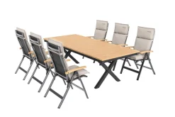 OUTFLEXX Luminara Garten-Essgruppe mit LED-Beleuchtung, anthrazit matt/natur, Alu / Textilen / Holzimitat, 240 x 100 cm, 6 Klappstühle, inkl. Auflagen