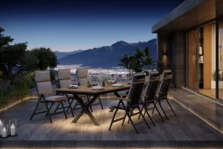 OUTFLEXX Luminara Garten-Essgruppe mit LED-Beleuchtung, anthrazit matt/natur, Alu / Textilen / Holzimitat, 240 x 100 cm, 6 Klappstühle, inkl. Auflagen