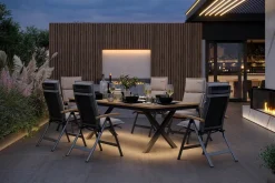 OUTFLEXX Luminara Garten-Essgruppe mit LED-Beleuchtung, anthrazit matt/natur, Alu / Textilen / Holzimitat, 240 x 100 cm, 6 Klappstühle, inkl. Auflagen