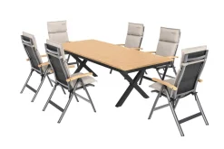 OUTFLEXX Luminara Garten-Essgruppe mit LED-Beleuchtung, anthrazit matt/natur, Alu / Textilen / Holzimitat, 240 x 100 cm, 6 Klappstühle, inkl. Auflagen