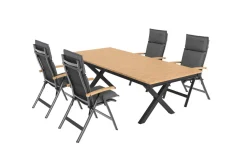 OUTFLEXX Luminara Garten-Essgruppe mit LED-Beleuchtung, anthrazit matt/natur, Aluminium/Textilen/Holzimitat, 240 x 100 cm, 4 Klappstühle, inkl. Auflagen