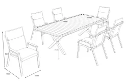 OUTFLEXX Luminara Garten-Essgruppe mit LED-Beleuchtung, anthrazit matt/natur, Alu/Holzimitat, 240 x 100 cm, inklusive Auflagen, 6 Stapelsessel